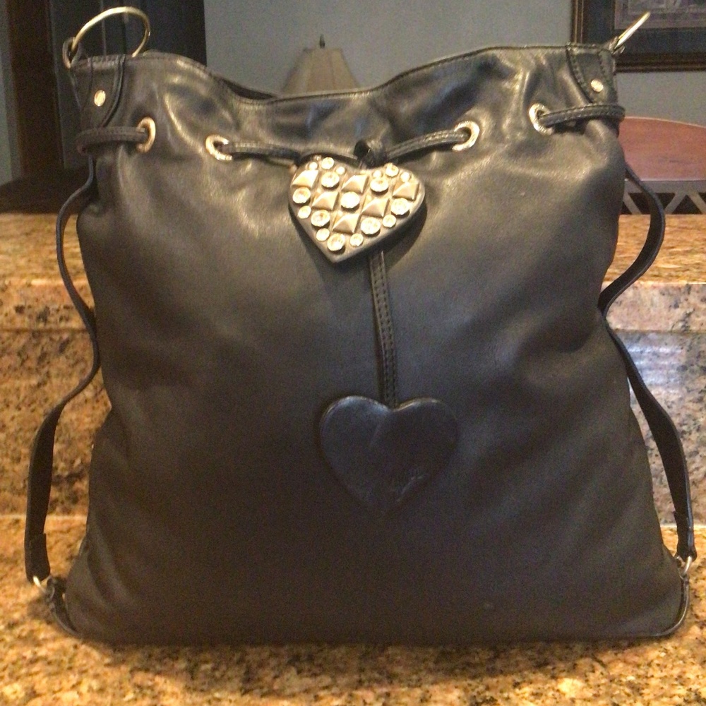 VINTAGE BLACK LEATHER HOBO JUICY COUTURE BAG WITH GOLD STUDDED STRAP